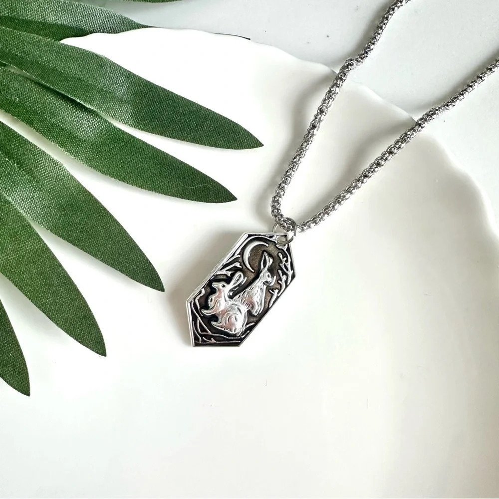 2/$30🌵 Rabbits Listening To The Moon Necklace Unisex Hare Animal Jewelry NEW